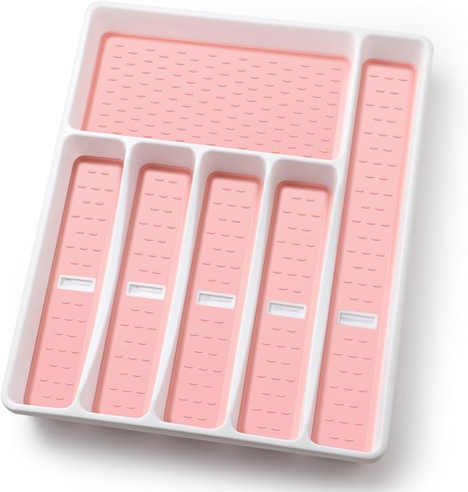 Silverware Organizer with Cutlery Icons，Pink Kitchen Silverware Tray by CherHome