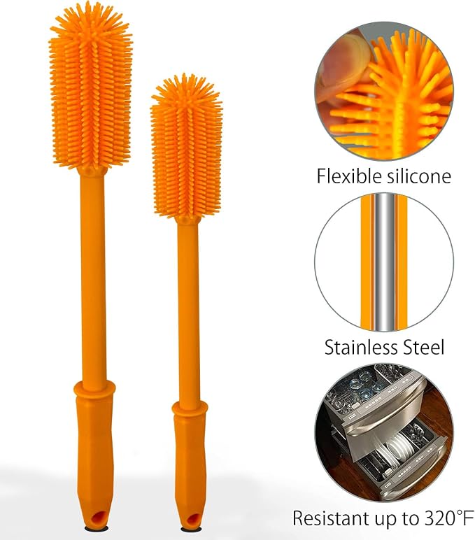 Long Silicone Bottle Cleaning Brush | 2 Pack| 16”+13”Water Bottle Brush Cleaner - Image 3