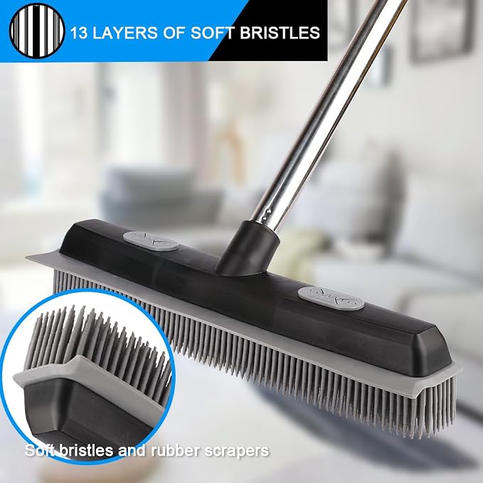 Pet Hair Rubber Broom with Carpet Rake and Squeegee, 2 in 1 Floor Brush - Image 6