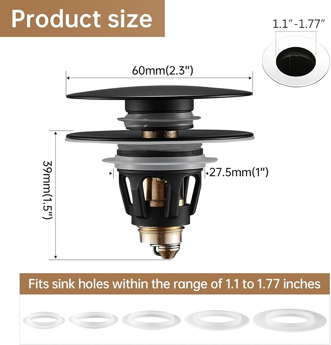 Fransiton Universal Bathroom Sink Drain Stopper, Big-Cap Pop-up Drain Fits 1.1" - Image 6