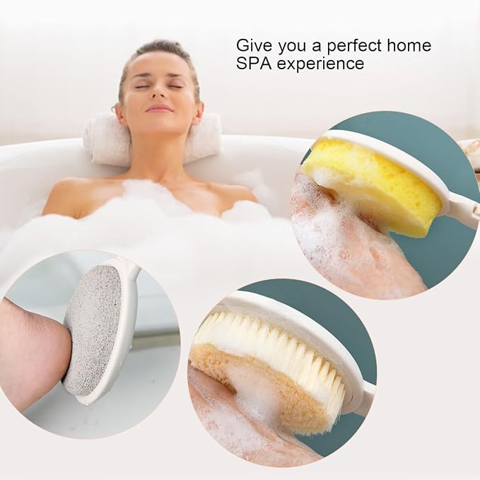 LFJ 19" Long Handle Shower Sponge Brush Set, 3 in 1 Body Brush, Bath Sponge and - Image 6