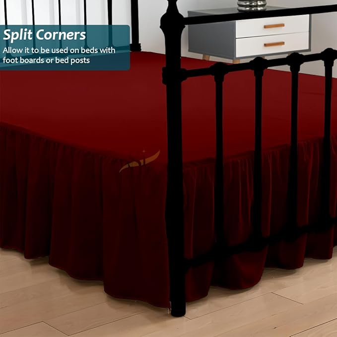 Shreem Linen Ruffled Bed Skirt with Split Corners, Gathered Style, 100% Microfiber, 18-Inch Drop, Dust Ruffle Bedskirt with Platform, Twin, Burgundy