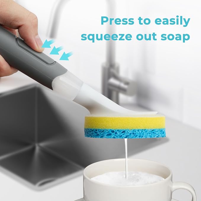 Dish Brush with soap Dispenser，4 PCS Replacement Brush Refills dishwashing - Image 3