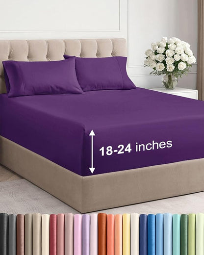 Extra Deep Pocket Full Sheets - 4 Piece Breathable & Cooling Bed Sheets - Hotel Luxury Bed Sheet Set - Soft, Wrinkle Free & Comfy - Easily Fits Extra Deep Mattresses - Deep Pocket Purple Sheets Set