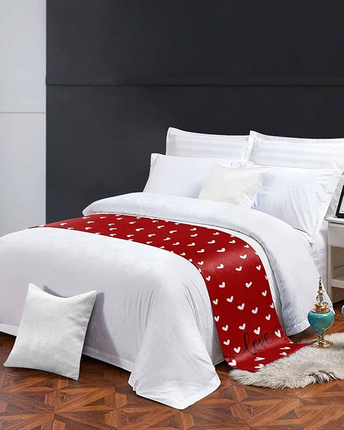Valentine's Day White Love Hearts Bed Runners for Bedroom Hotel,Decorative Bedding Scarf Sweetheart and Quote on Red Bed End Blanket Bedding Runner Scarves for King Size Bed,102x20in
