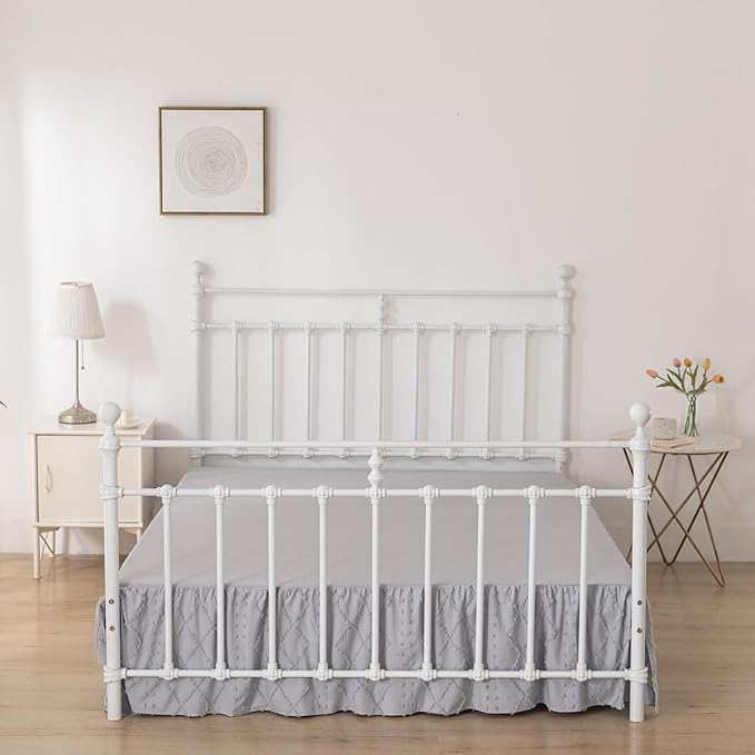Bed Skirt Full Size Ruffled Bed Skirt with Split Corners, 14 Inch Drop Dust Ruffle Bed Skirts with Platform, Boho Tufted Shabby Chic Full Size Bed Skirts, Light Grey