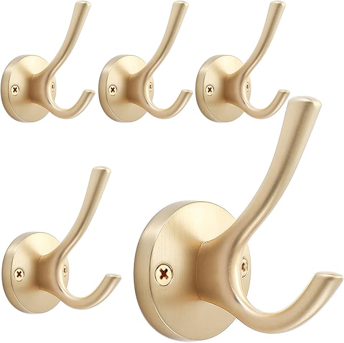 Gold Wall Hooks, 5 Pack Coat Robe Hook Heavy Duty Metal Double Bath Hook Wall by TOFIIGREM