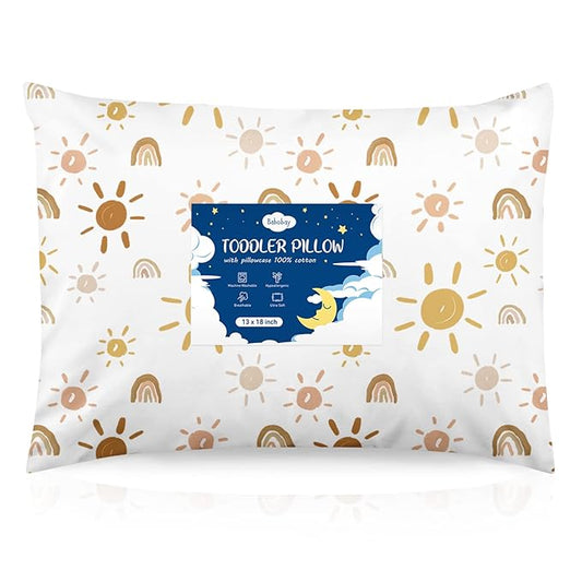 Babebay Toddler Pillow,13X18 Toddler Pillows for Sleeping, Machine Washable Kids Pillow with Pillowcase, Perfect for Travel, Toddlers Cot (Sunshine Rainbow)