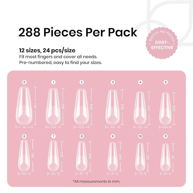 Beetles Coffin Long Gel Nail Tips –Pre-Etched Half Matte Full Cover, 288 Pieces - Image 3