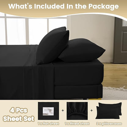 Twin XL Sheet Set - 3 Piece Silky Soft Breathable Bed Sheet & Pillowcase Set, 16" Deep Pocket Hotel Luxury Wrinkle Free Easy Care Bedding Sheets, Black