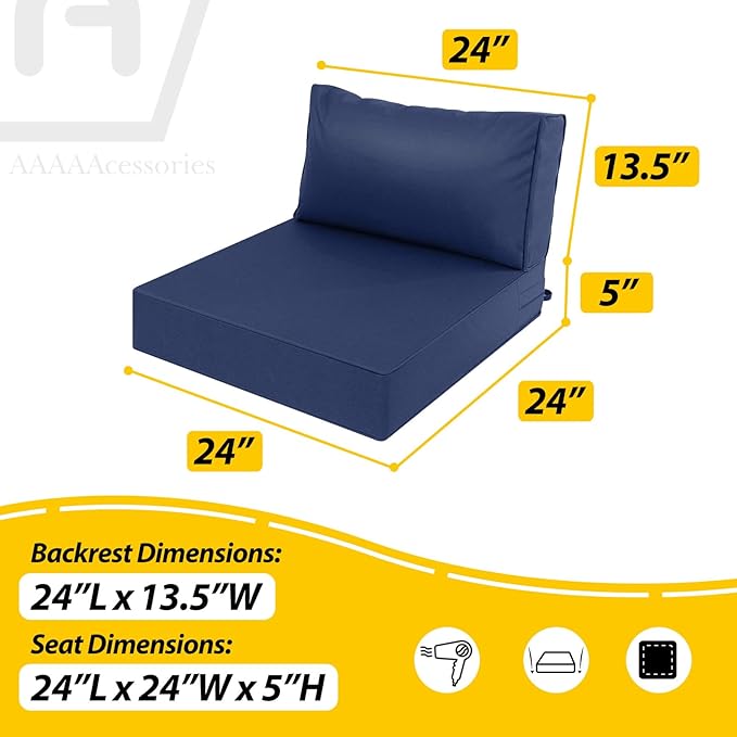 AAAAAcessories Outdoor Deep Seat Cushions, Waterproof, Fade-Resistant Patio Furniture Replacement Cushions, 24" x 24" x 5" + 24" x 13.5", Set of 4, Navy Blue