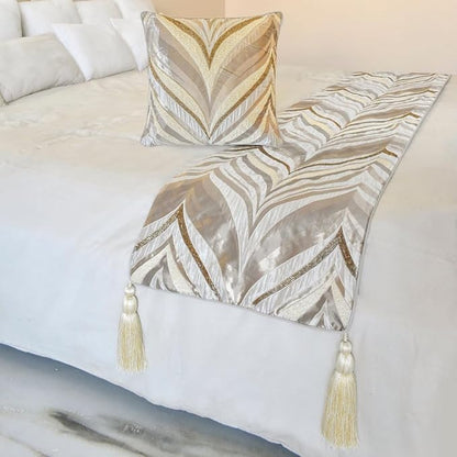 The HomeCentric King/Queen/Twin Ivory Luxury Queen 74"x18" Bed Runner with Two Pillow Cover, Bead Hand Embroidery Bed Scarf on Jacquard Fabric - Clarissa Serene