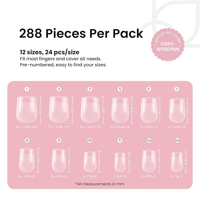 Beetles Gel Nail Tips 288 pcs Extra Short Square Nail Tips 12 Sizes Full Cover - Image 3