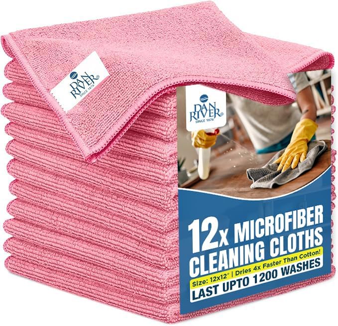 DAN RIVER 12-Pack Pink Microfiber Towels – Ultra Absorbent, Lint-Free & by DanRiver