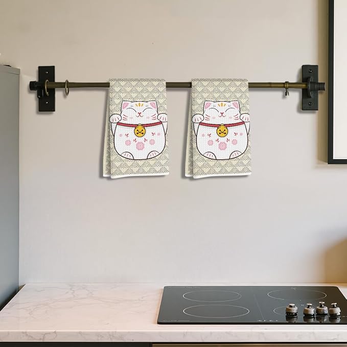 2 Pcs Cute Cat Kitchen Towels 14x24 Inch, Adorable Cats Waffle Hand Towels - Image 3