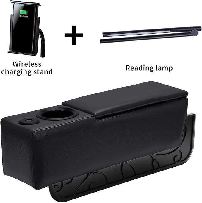 Sofa Armrest with Cup Holder, PU Leather Multifunctional Couch Arm Rest Insert, Removable Couch Caddy with Storage, Equipped with LED Reading Light & Wireless Charge Stand