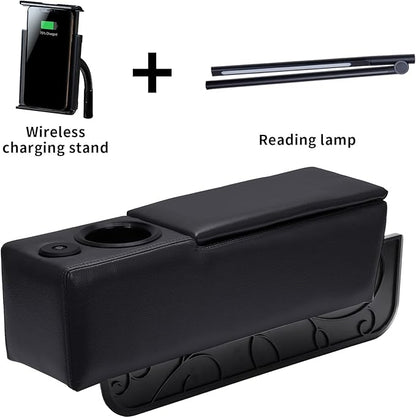 Sofa Armrest with Cup Holder, PU Leather Multifunctional Couch Arm Rest Insert, Removable Couch Caddy with Storage, Equipped with LED Reading Light & Wireless Charge Stand