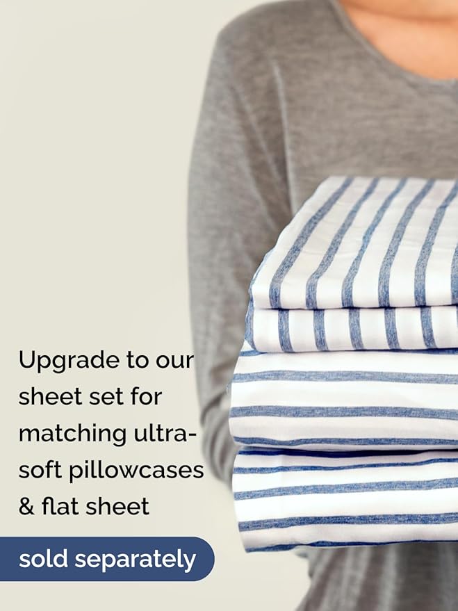 Extra Deep Full Fitted Sheet - Hotel Luxury Single Fitted Sheet Only - Easily Fits 18 inch to 24 inch Mattress - Ultra Soft, Wrinkle Free with Extra Deep Pockets - Breathable & Comfy - Blue Stripes