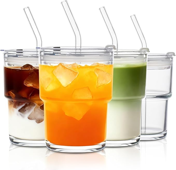 13oz Glass Tumbler with Lid and Glass Straw Set of 4 – Thick-Walled Iced Coffee by SoulTimes