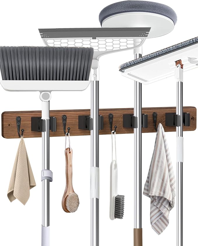 Broom Holder Wall Mounted, 4 Holders and 4 Hooks Mop Holder, Wooden Mop and by AceMining