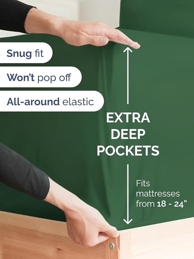 Extra Deep King Fitted Sheet - Hotel Luxury Single Fitted Sheet Only - Easily Fits 18 inch to 24 inch Mattress - Ultra Soft, Wrinkle Free with Extra Deep Pockets - Breathable & Comfy - Emerald Green