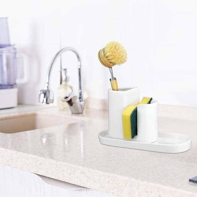 Geelin 3 in 1 Ceramic Kitchen Sink Caddy Dish Sponge Holder Scrub Brush Holder - Image 3