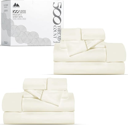 Mayfair Linen 100% Egyptian Cotton 2 Pack Twin XL Sheet Set - 500 Thread Count Cotton Sheets Twin XL Size (6 PC, Ivory), Soft, Cooling, Sateen Weave, 16" Deep Pocket College Dorm Room Bed Sheet