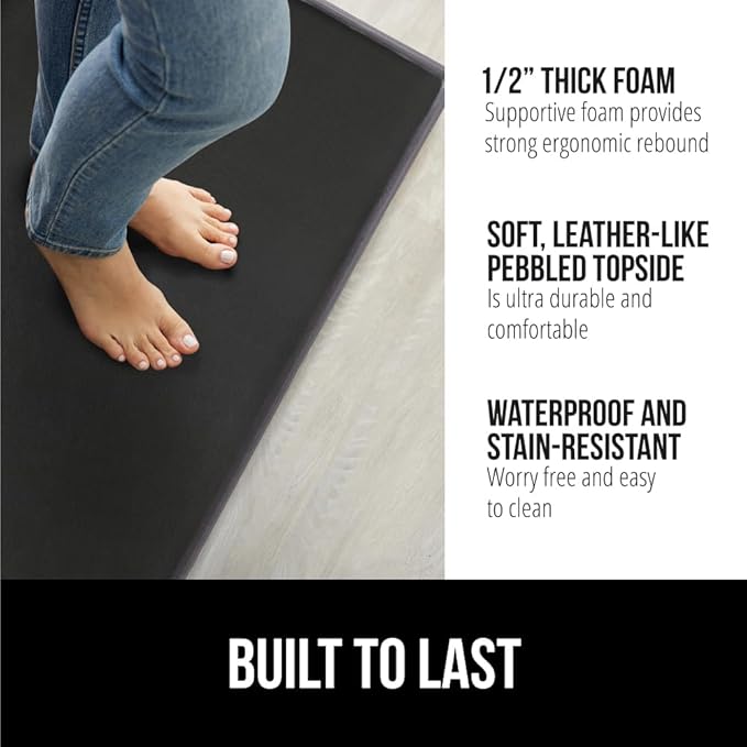 GORILLA GRIP 2 Pack Comfortable Cushioned Kitchen Mats for Floor, 17x29 + 17x59, Waterproof and Stain Resistant, 1/2 Inch Thick Soft Ergonomic Standing Desk Anti Fatigue Mat, Foam Supports Feet, Black