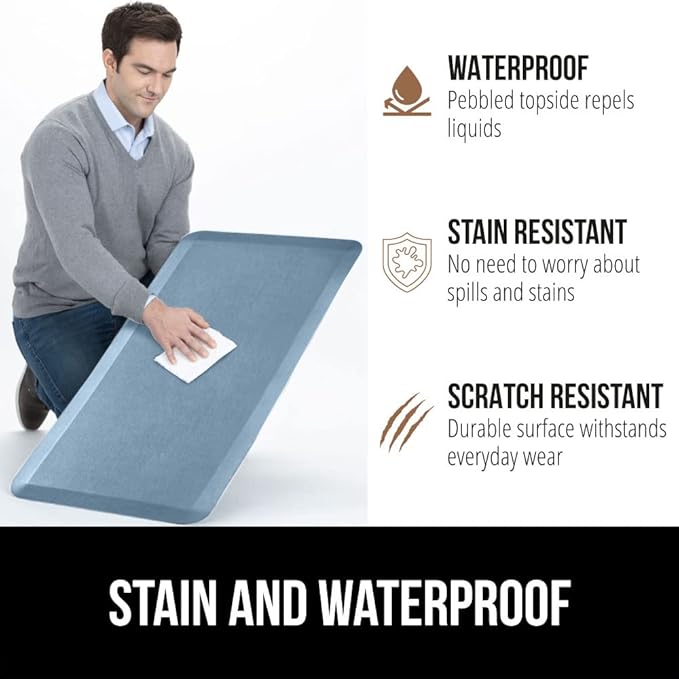 GORILLA GRIP Comfortable Cushioned Kitchen Mats for Floor, 48x20, Waterproof and Stain Resistant Soft Top, 3/4 Inch Thick Ergonomic Standing Desk Anti Fatigue Mat, Foam Supports Ankles, Feet, Sky Blue