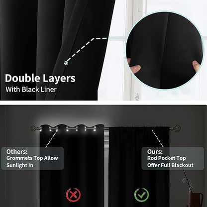 BGment Black Blackout Curtains for Bedroom 45 Inch Length, Rod Pocket 100% Blackout Curtains with Thermal Liner Light Blocking Curtains for Living Room, Each Window Curtains 2 Panels, 42 x 45 Inch