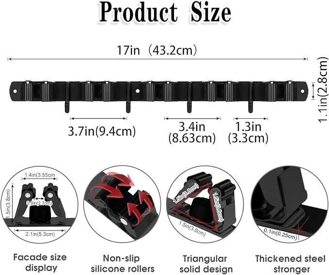 Black 5 Racks and 4 Hooks Mop and Broom Holder Wall Mount, Broom Organizer - Image 3