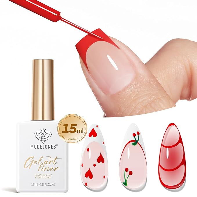 modelones Red French Tip Liner Gel Polish, 15 ML Bright Apple Red Valentine's - Image 9