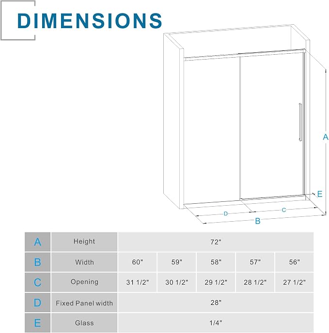 Semi-Frameless Shower Door 60" W x 72" H, 1/4" Clear Tempered Glass, Sliding - Image 7