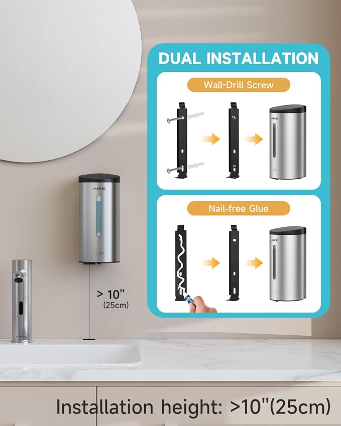 AIKE Automatic Wall Mount Liquid Soap Dispenser, Commercial Stainless Steel - Image 2