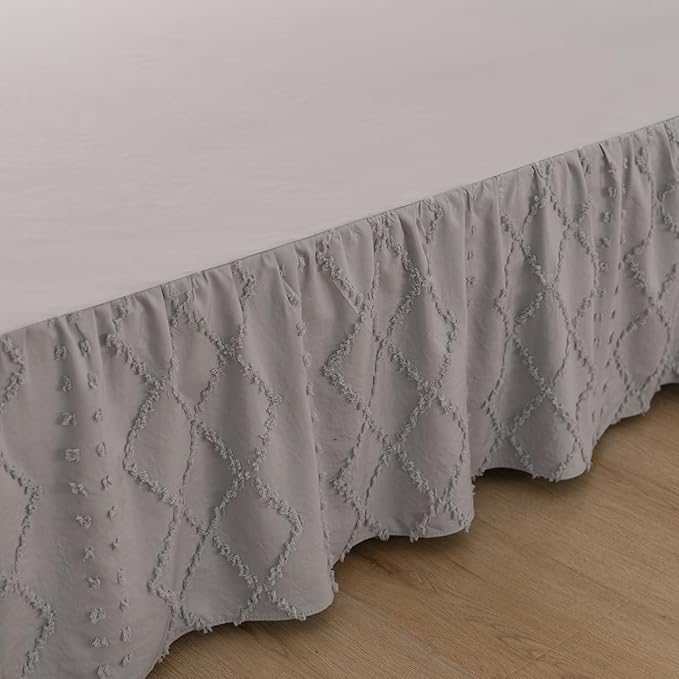 Bed Skirt Full Size Ruffled Bed Skirt with Split Corners, 14 Inch Drop Dust Ruffle Bed Skirts with Platform, Boho Tufted Shabby Chic Full Size Bed Skirts, Light Grey
