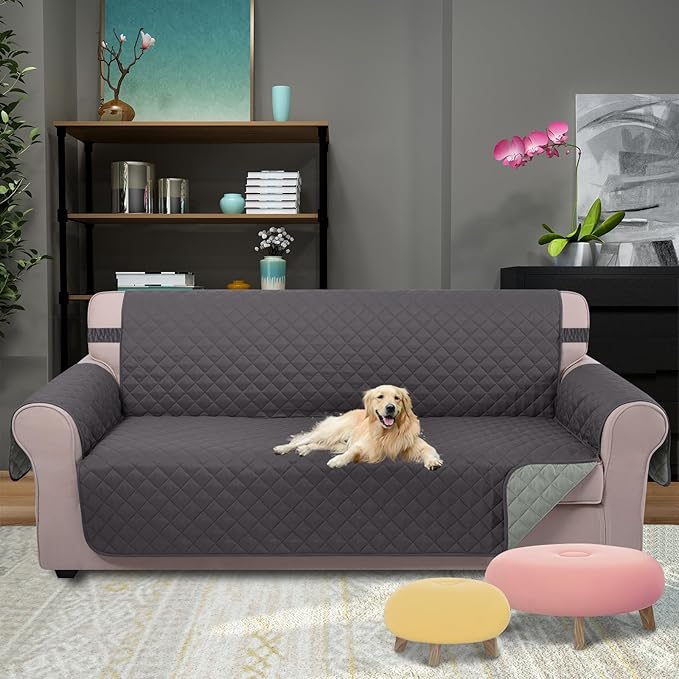 U-NICE HOME Reversible Sofa Cover Washable Couch Cover for Dogs with Elastic Straps Water Repellent Furniture Protector Couch Cover for 3 Cushion Couch Sofa Pet Friendly (Sofa, Dark Grey/Light Grey)