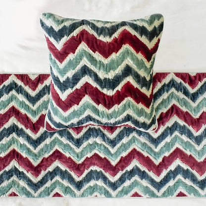The HomeCentric King/Queen/Twin Red & Blue Designer Queen 74"x18" Bed Runner with Two Pillow Cover, Chevron & Quilted Bed Scarf on Suede Fabric - Chevron Symphony