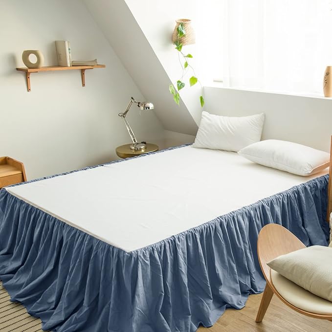 BISELINA French Linen Bed Skirt with Pleated Frills 22-Inch Tailored Drop Natural Flax Cotton Blend Dust Ruffle Soft Cozy Farmhouse Bedding (22" King, Navy Blue)