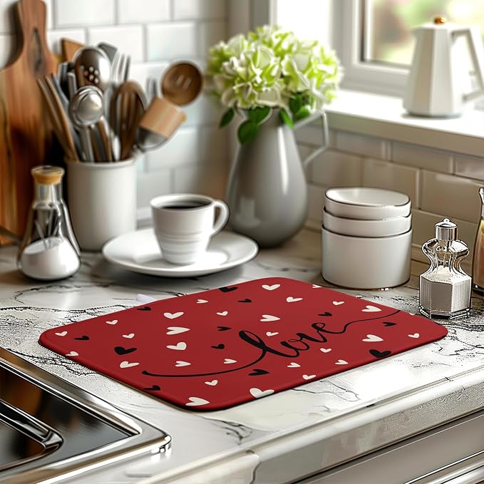 Valentine Dish Drying Mat for Kitchen Counter Valentines Day Red Black Love - Image 6