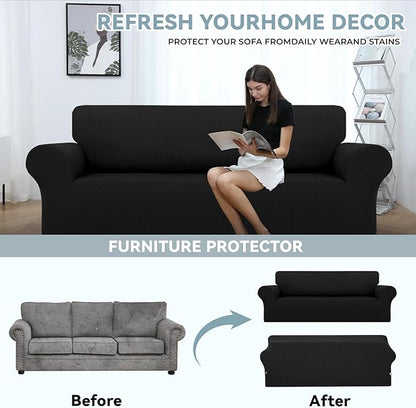 LURKA Stretch Sofa Slipcovers Couch Covers for 3 Cushion Couch Sofa Pet Friendly Non Slip Sofa Cover Washable Furniture Protector with Elastic Bottom (Large, Black)