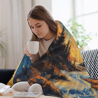 Magic Forest Blanket, Abstract Art Oil Painting Dreamworld River Jungle Sunset Pattern Soft Warm Cozy Plush Flannel Covers for Livingroom Bedroom Couch Chair Camping Travel Home Decor Tapestry 40x50in