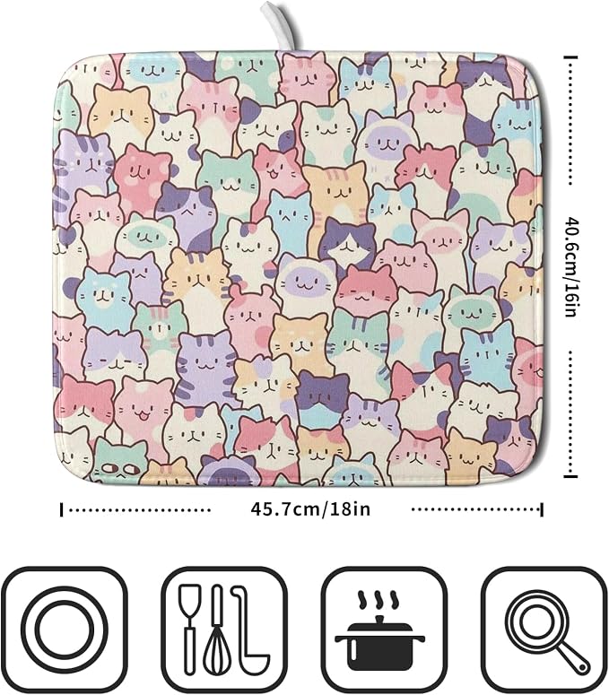 Colorful Cats Dish Drying Mat 16x18 inch Cute Animal Microfiber Reversible Fast - Image 2