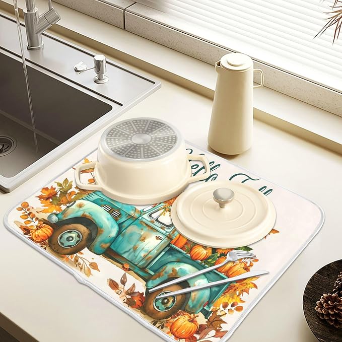 Vintage Fall Truck with Pumpkins Autumn Leaves Dish Drying Mat - Image 5