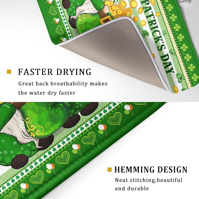 Shamrock Gnome Dish Drying Mat Coin Clover Dishes Fast Dry Mat 18x24 inch - Image 3
