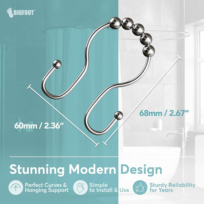 BigFoot Shower Curtain Hooks, Stainless Steel, Rust Resistant, Easy - Image 3