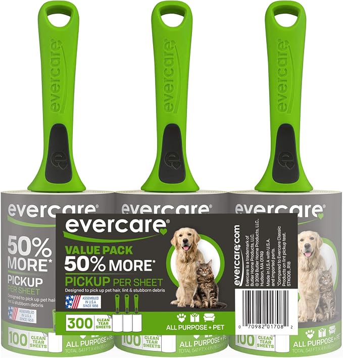 Evercare All Purpose Pet Hair Lint Rollers, 3 Pack, 100 Sheets Each – Reusable by Evercare
