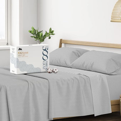 Mayfair Linen 100% Cotton Striped Sheets King Size Bed Set - 500 Thread Count Damask Sheets King Size 4 PC Set (Silver Grey Stripe), Soft, Cooling, Sateen Weave Hotel-Quality 16" Deep Pocket Bedsheet
