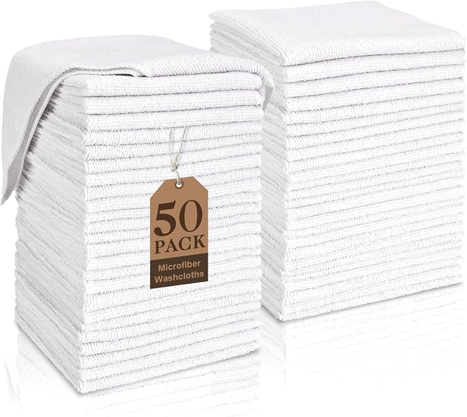 White Washcloths Bulk 50 Pack, Highly Absorbent & Quick Drying Face Towels by TEAWOO