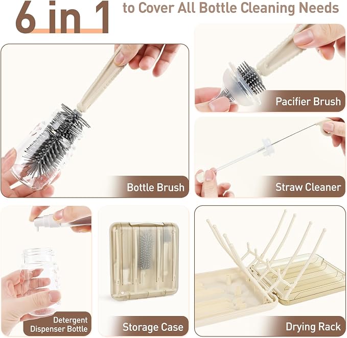 Baby Bottle Brush Set, 6-in-1 Travel Bottle Cleaning Kit - Image 4