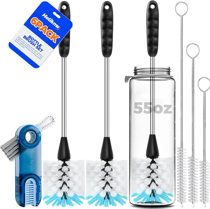 Holikme 6 Pack Bottle Brush Set, 3 Straw Brushes, 3-in-1 Bottle Cleaning Brush by Holikme